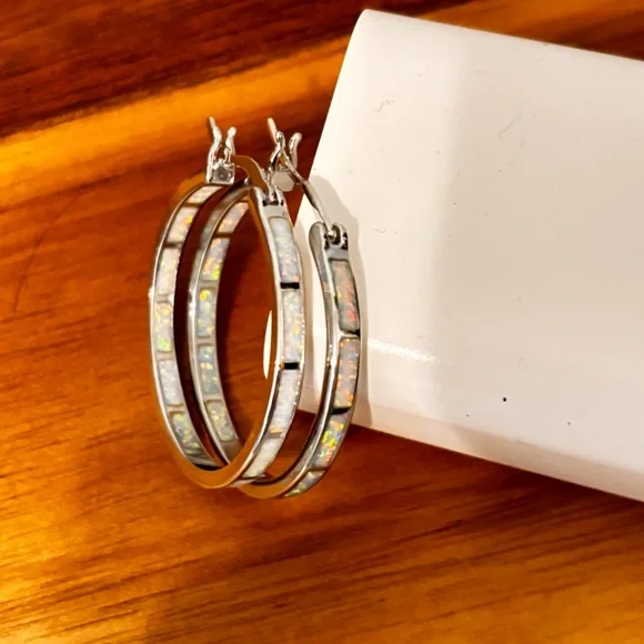 New Sterling Silver Iridescent Opal Hoop Earrings 925 - Picture 2 of 8